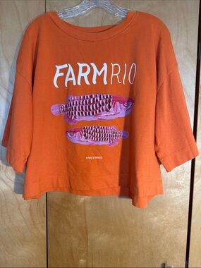 FARM RIO Orange Tee with Pink & Purple Fish Graphic